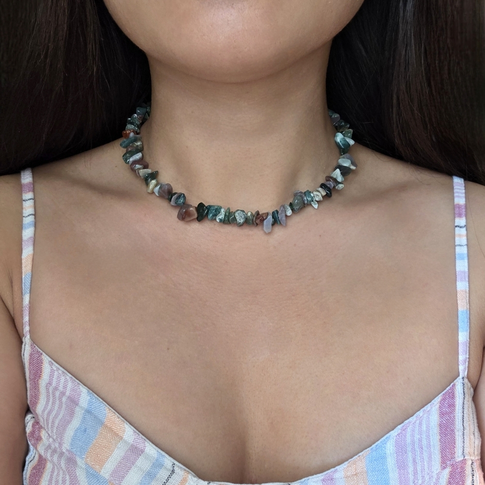 Natural Green Moss Agate Crystal Necklace Stainless Steel Boho Y2K Choker